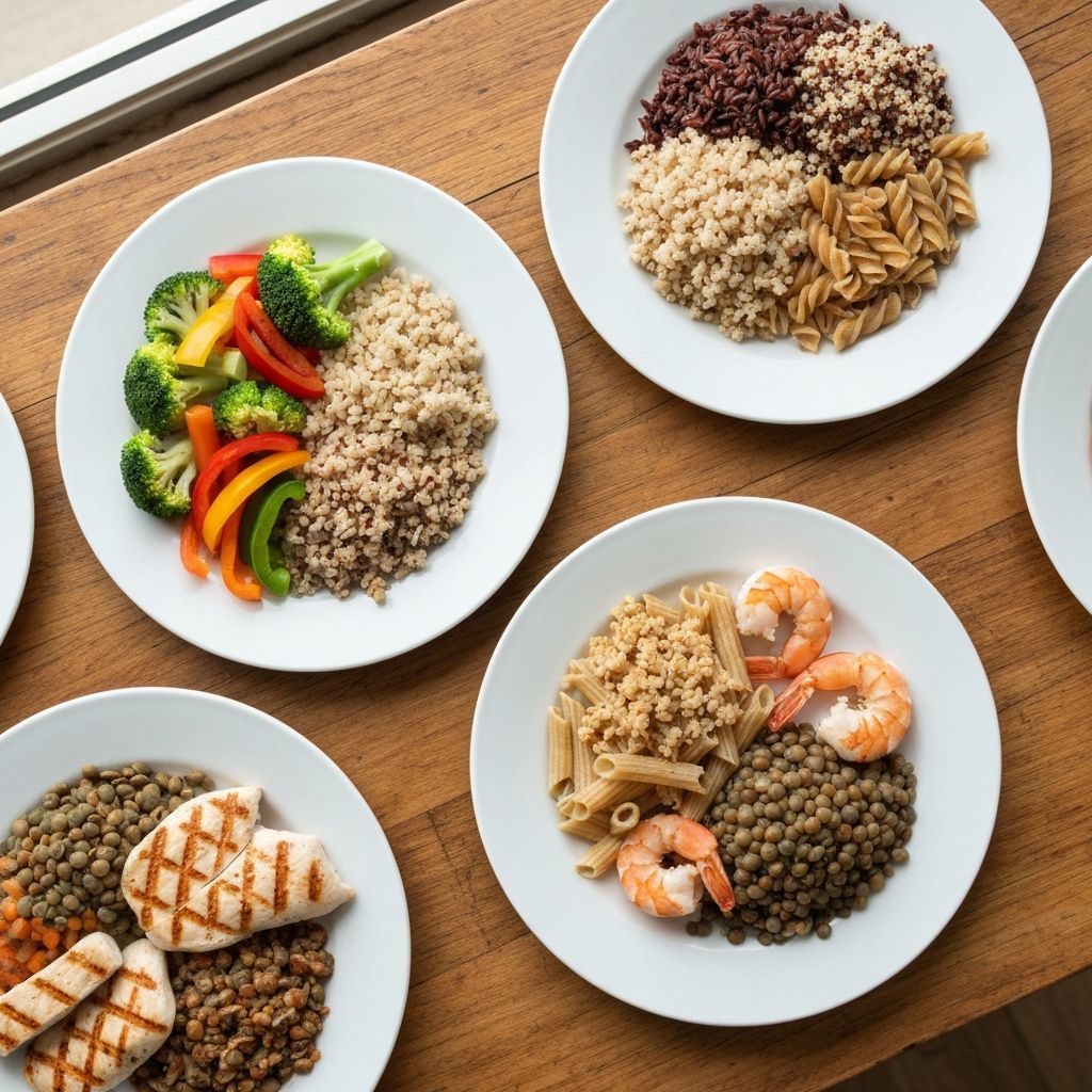 Multiple balanced plates showing meal composition variations