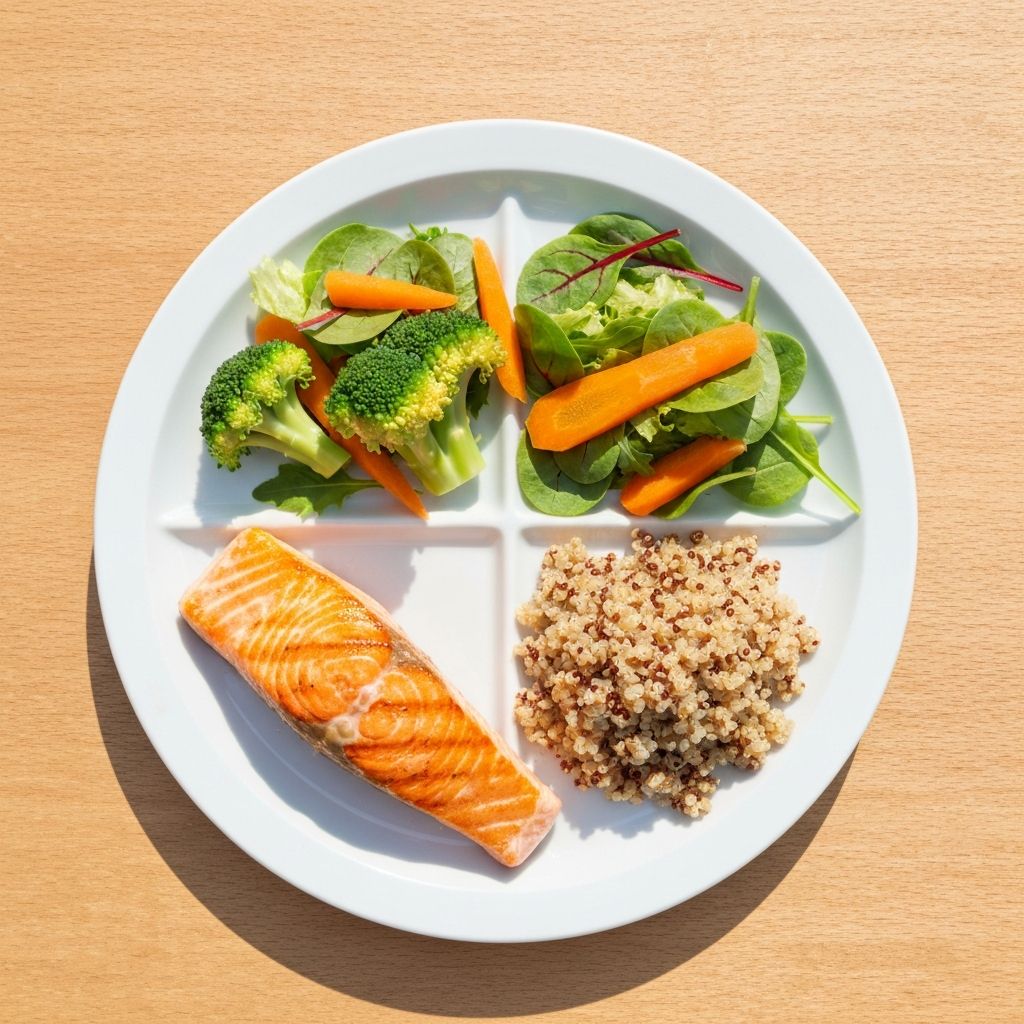 Plate divided into sections with vegetables, protein, and grains