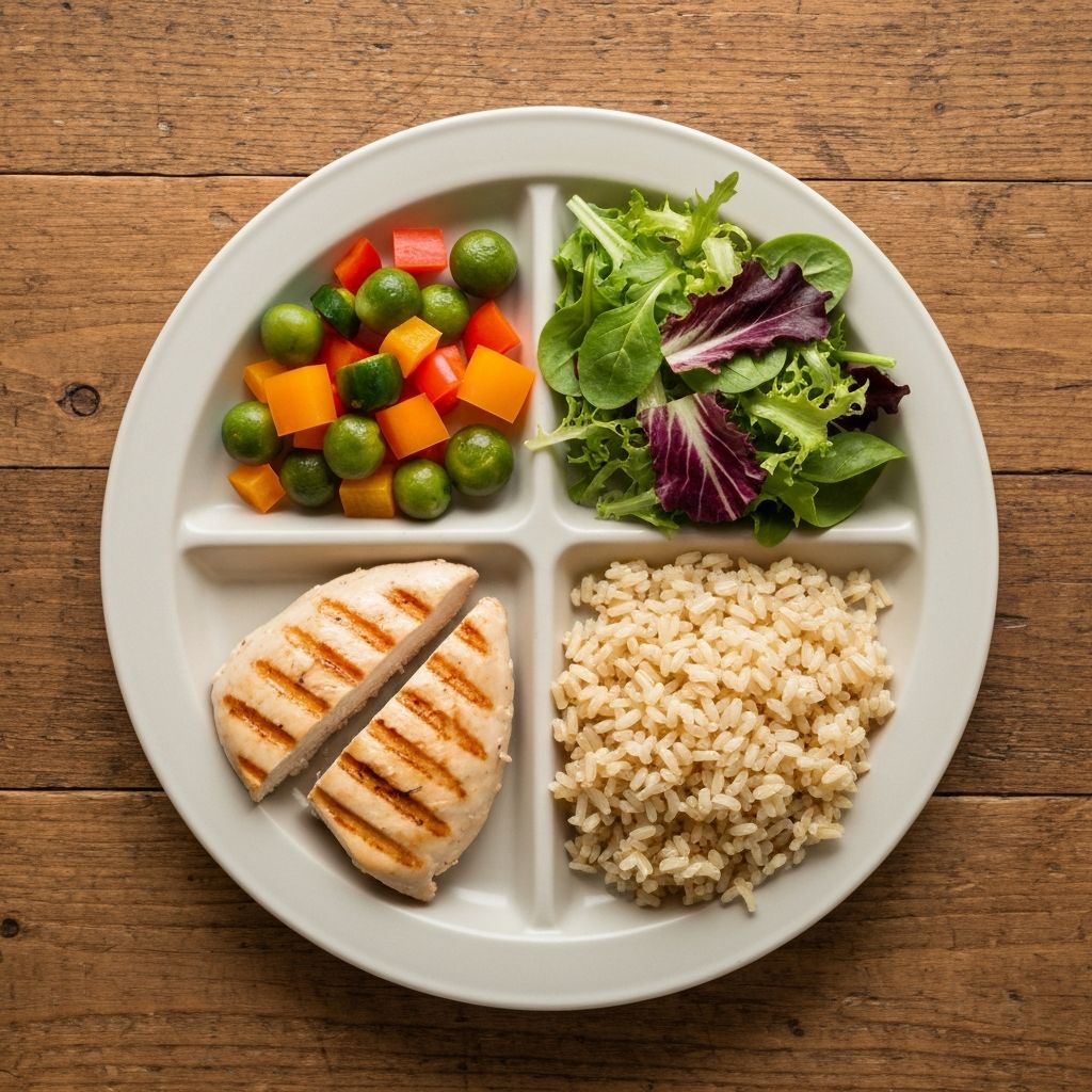 Balanced plate with vegetables, protein, and grains